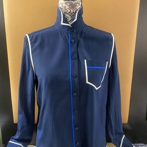 Tory Burch navy blue dress shirt with white blue stripes